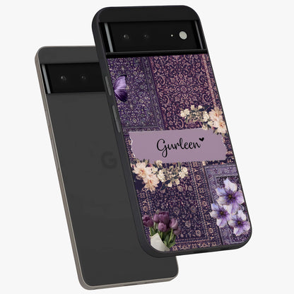 Antique Floral Whisper Custom Name Glass Case displayed in angled mockup highlighting elegant antique floral aesthetic.