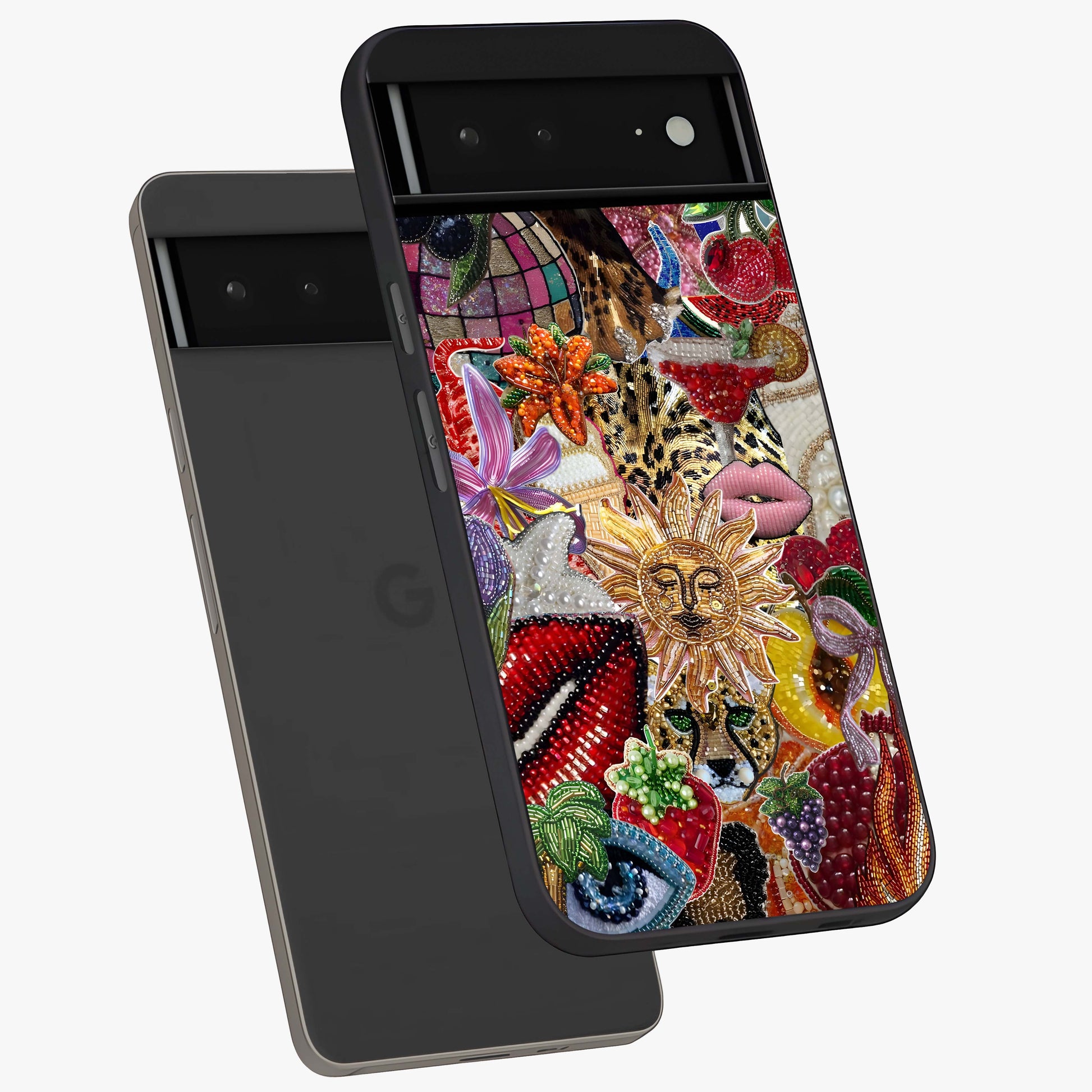 Beaded Fashion Jungle Glass Case displayed in angled mockup highlighting colorful fashion bead design and artistic pattern.