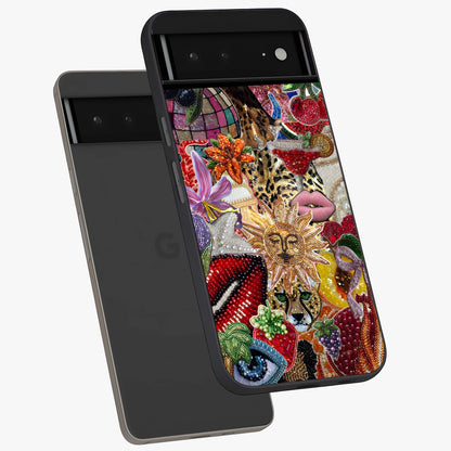Beaded Fashion Jungle Glass Case displayed in angled mockup highlighting colorful fashion bead design and artistic pattern.