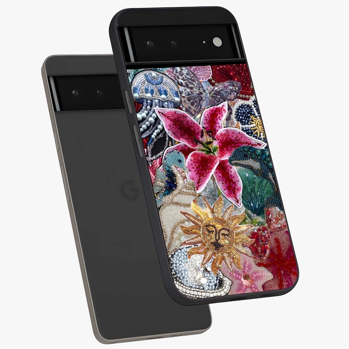 Beaded Garden Fantasy Glass Case displayed in angled mockup highlighting fantasy inspired floral bead pattern.
