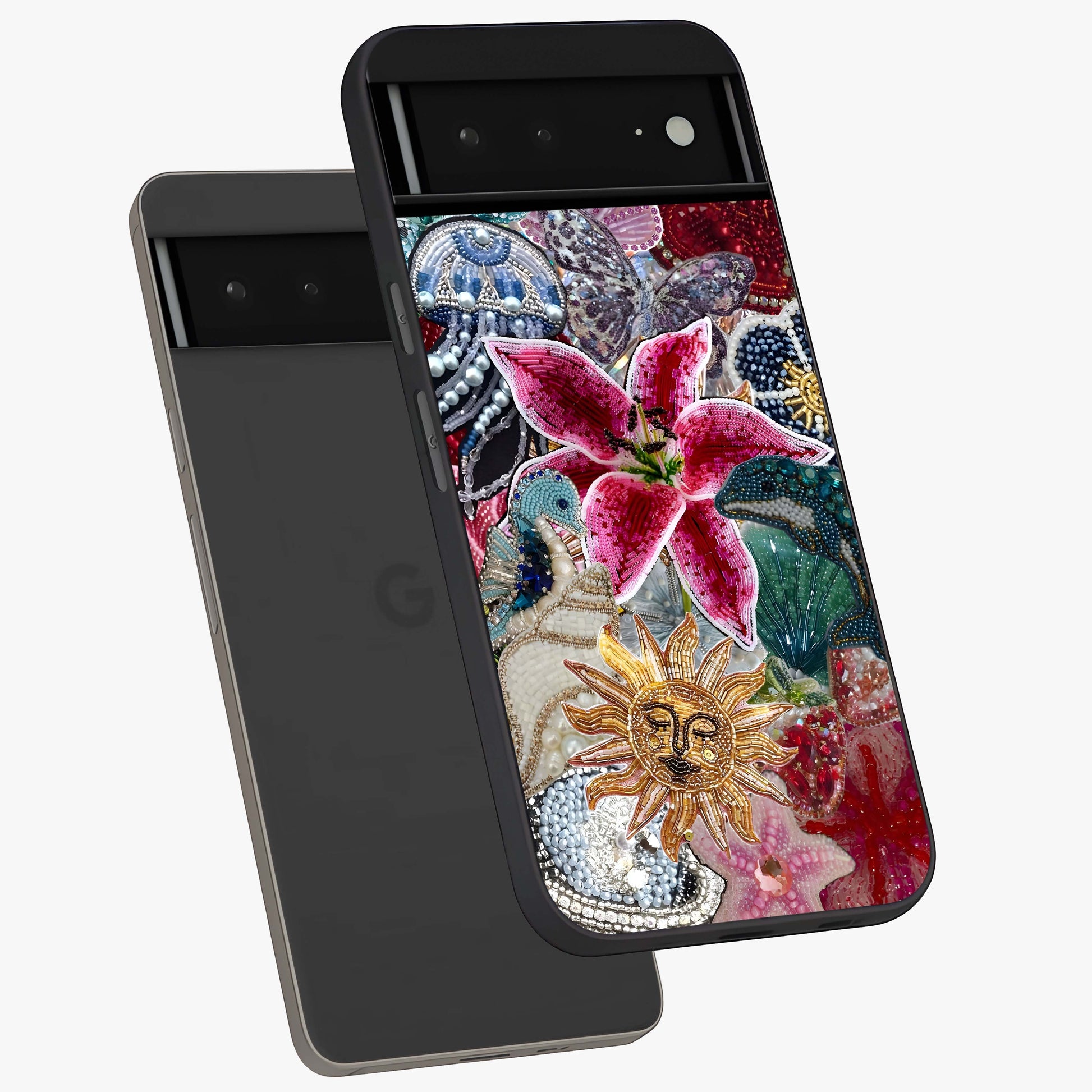 Beaded Garden Fantasy Glass Case displayed in angled mockup highlighting fantasy inspired floral bead pattern.