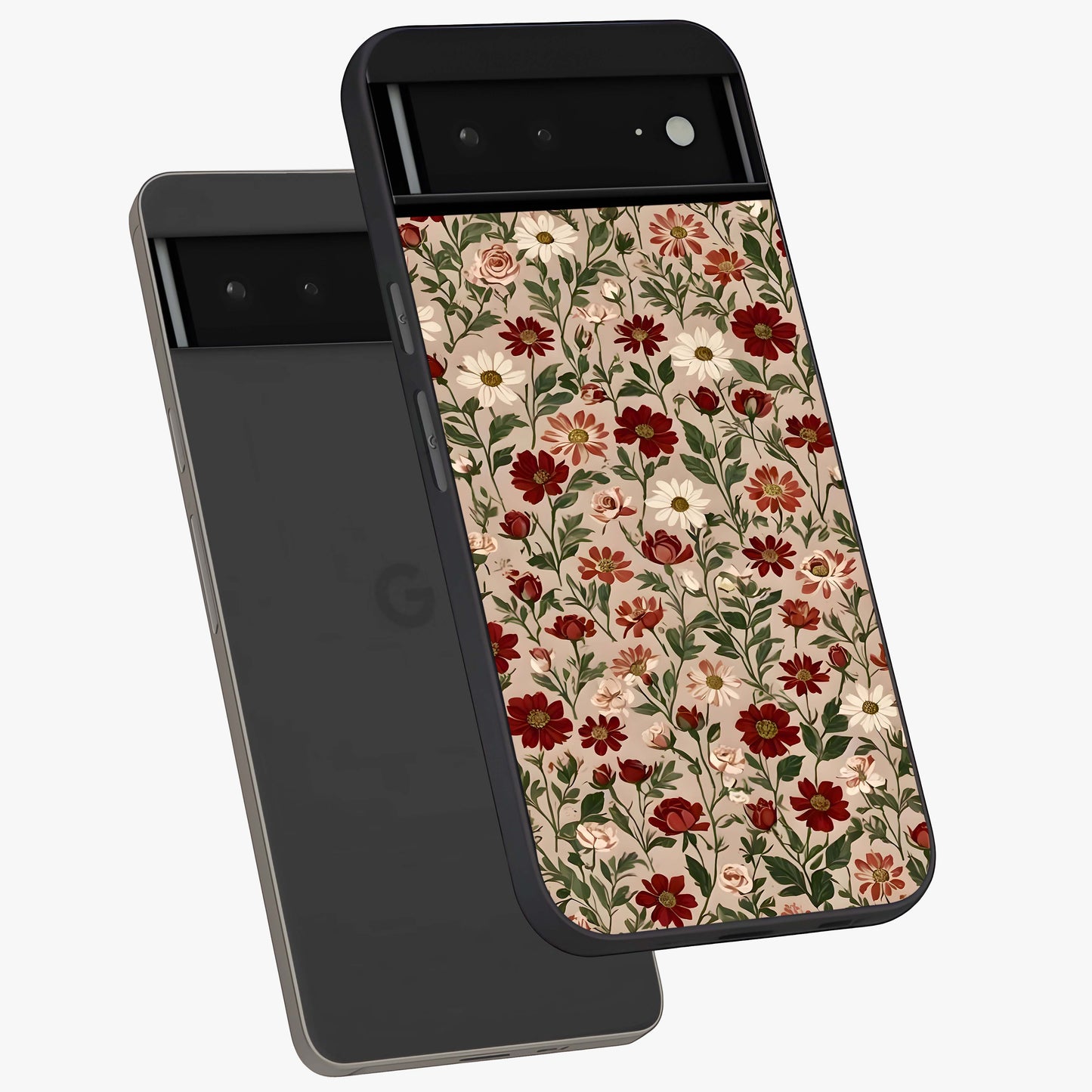Biege Flower With Leaf Glass Case displayed in angled mockup highlighting minimal floral leaf design and elegant aesthetic.