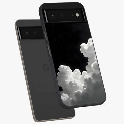 Black Background With White Cloud Glass Case displayed in angled mockup highlighting soft white cloud illustration and minimal design.