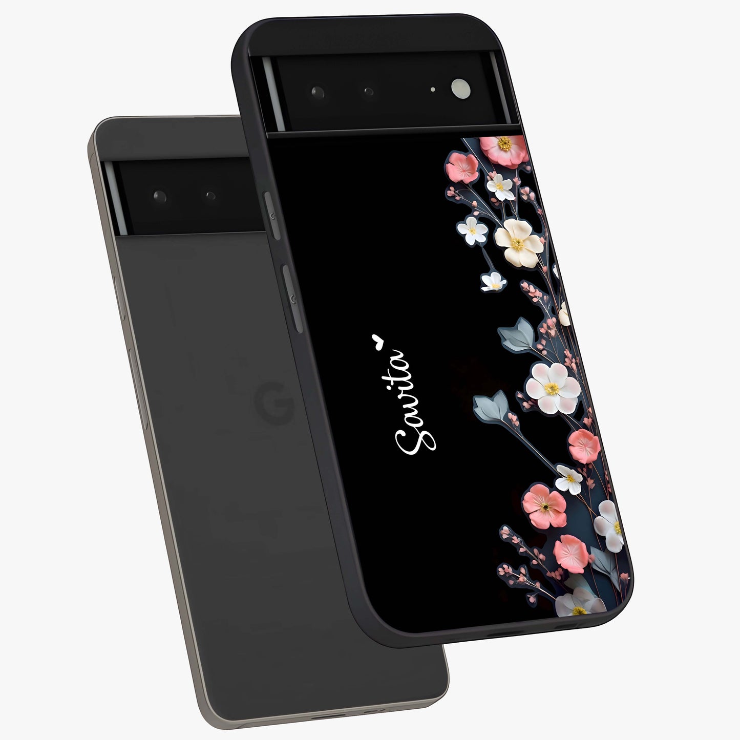 Black Elegance Floral Custom Name Glass Case displayed in angled mockup highlighting dark floral aesthetic and custom name feature.