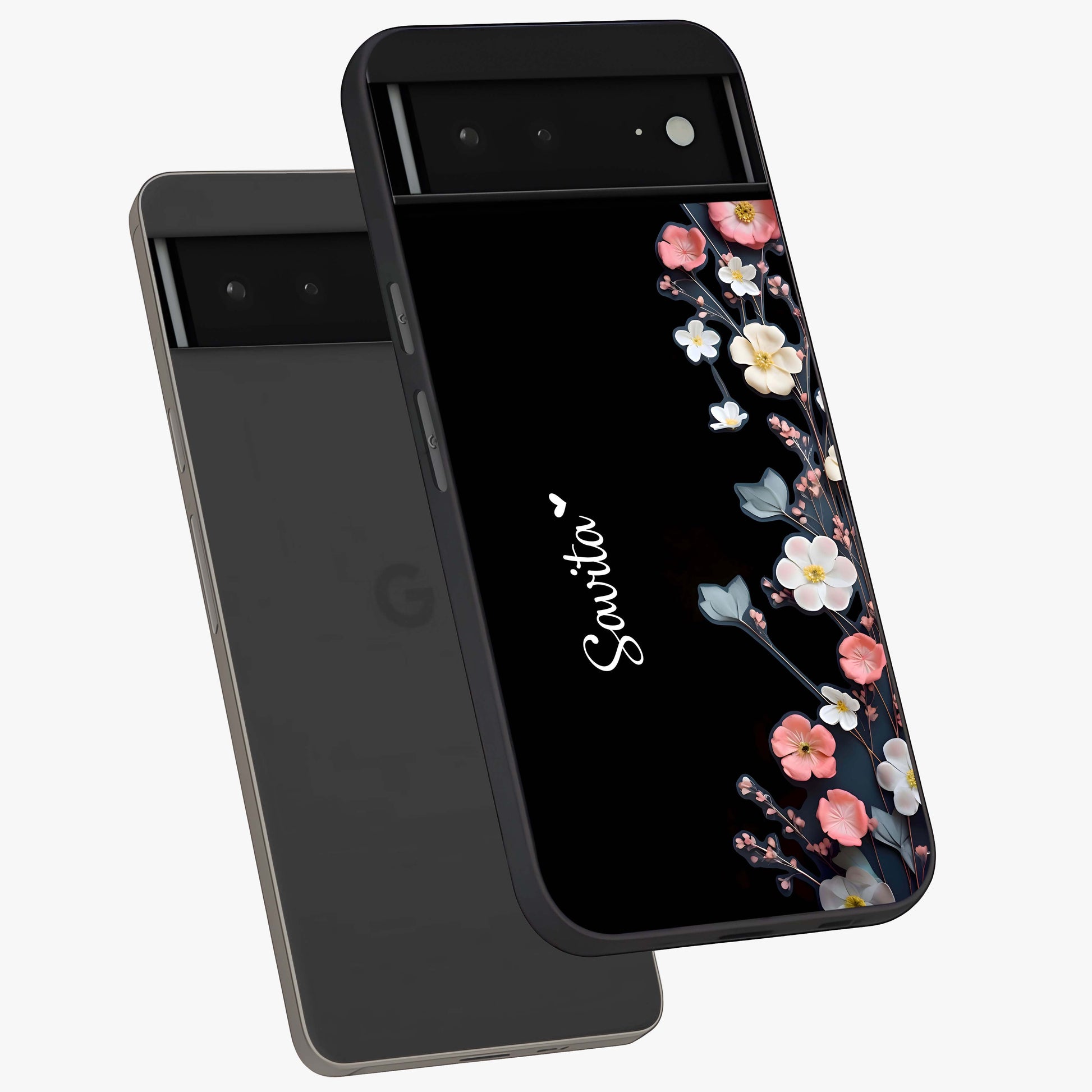 Black Elegance Floral Custom Name Glass Case displayed in angled mockup highlighting dark floral aesthetic and custom name feature.