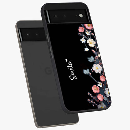 Black Elegance Floral Custom Name Glass Case displayed in angled mockup highlighting dark floral aesthetic and custom name feature.