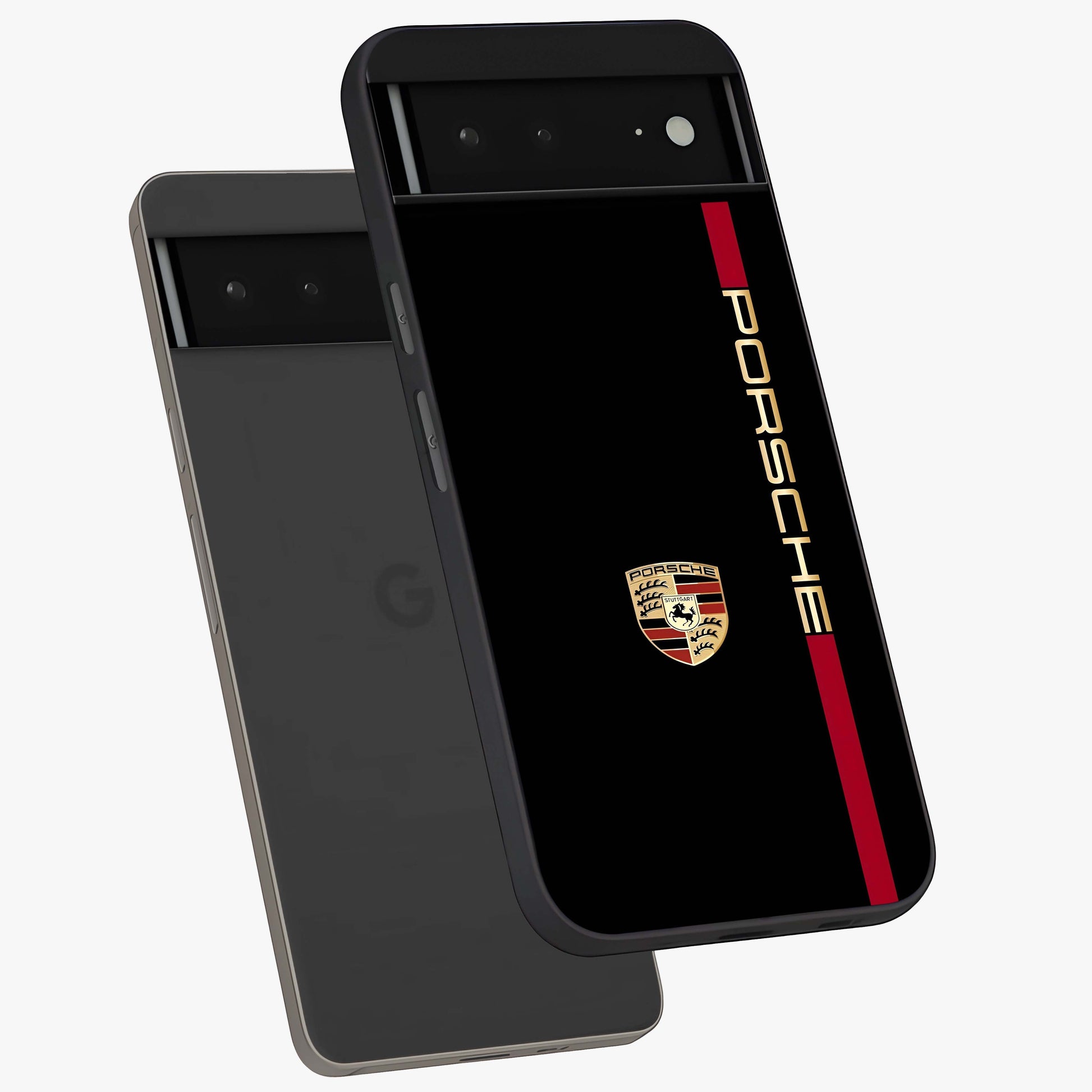Black Minimal Porsche Glass Case displayed in angled mockup highlighting modern minimal car illustration and clean aesthetic design.