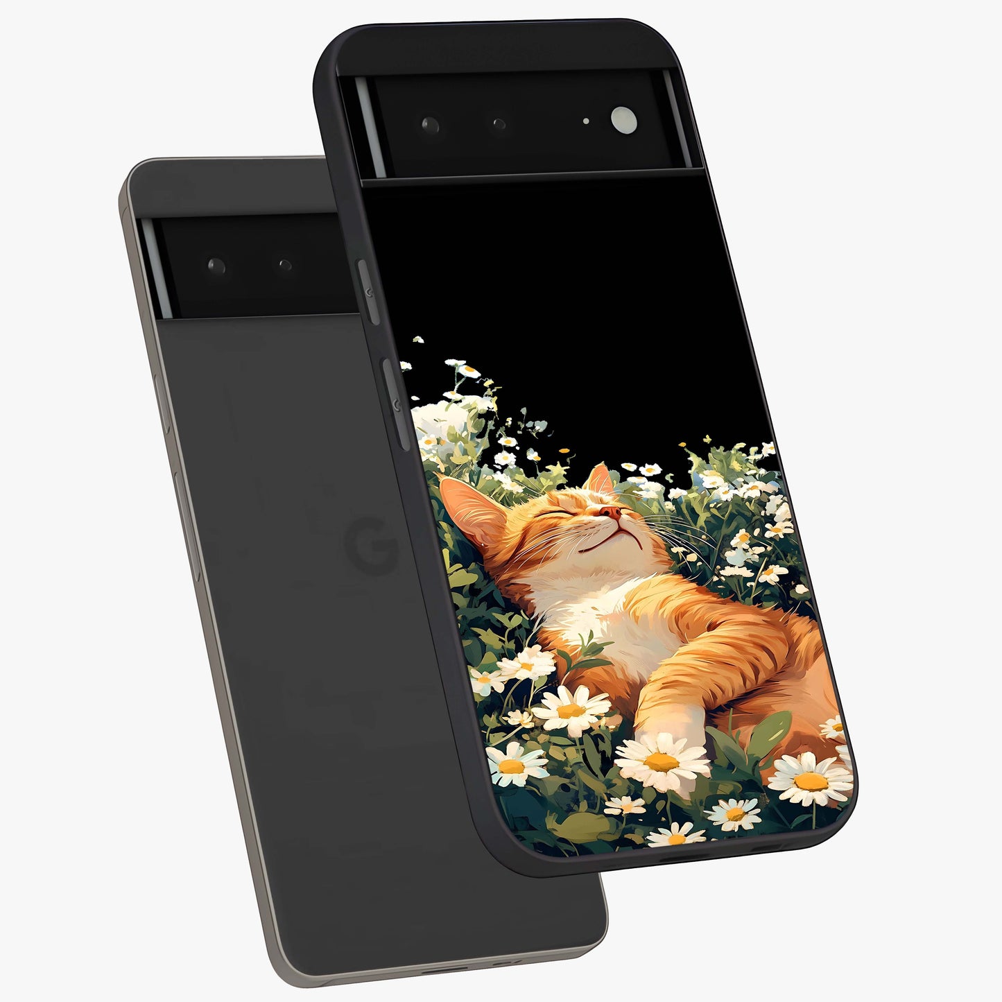 Blissful Bloom Cat Glass Case displayed in angled mockup highlighting playful feline illustration with soft floral aesthetic.