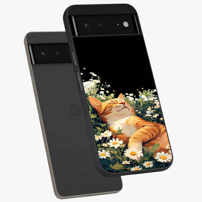 Blissful Bloom Cat Glass Case displayed in angled mockup highlighting playful feline illustration with soft floral aesthetic.