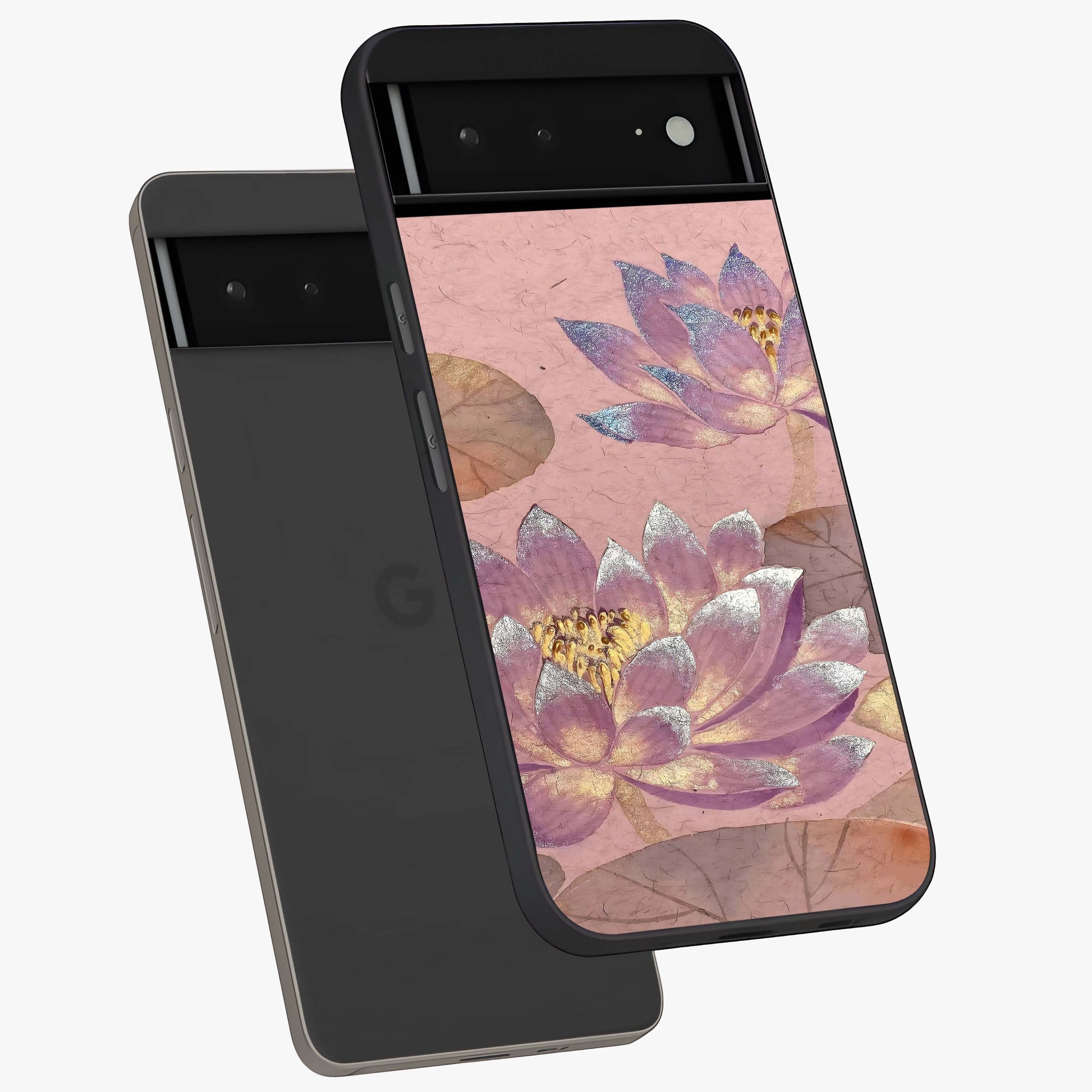 Blossom Mist Lotus Glass Case displayed in angled mockup highlighting delicate lotus illustration with calm aesthetic theme.
