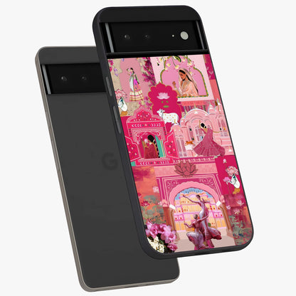 Blossoms of Rajasthan Glass Case displayed in angled mockup highlighting vibrant floral pattern with cultural aesthetic style.