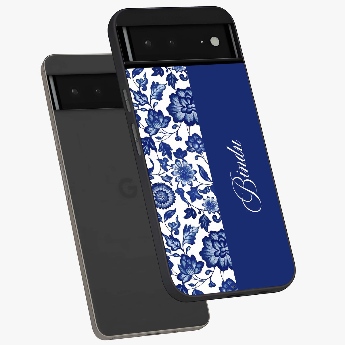 Blue Vintage Floral Pattern Glass Case displayed in angled mockup highlighting subtle bloom pattern with aesthetic pastel design.
