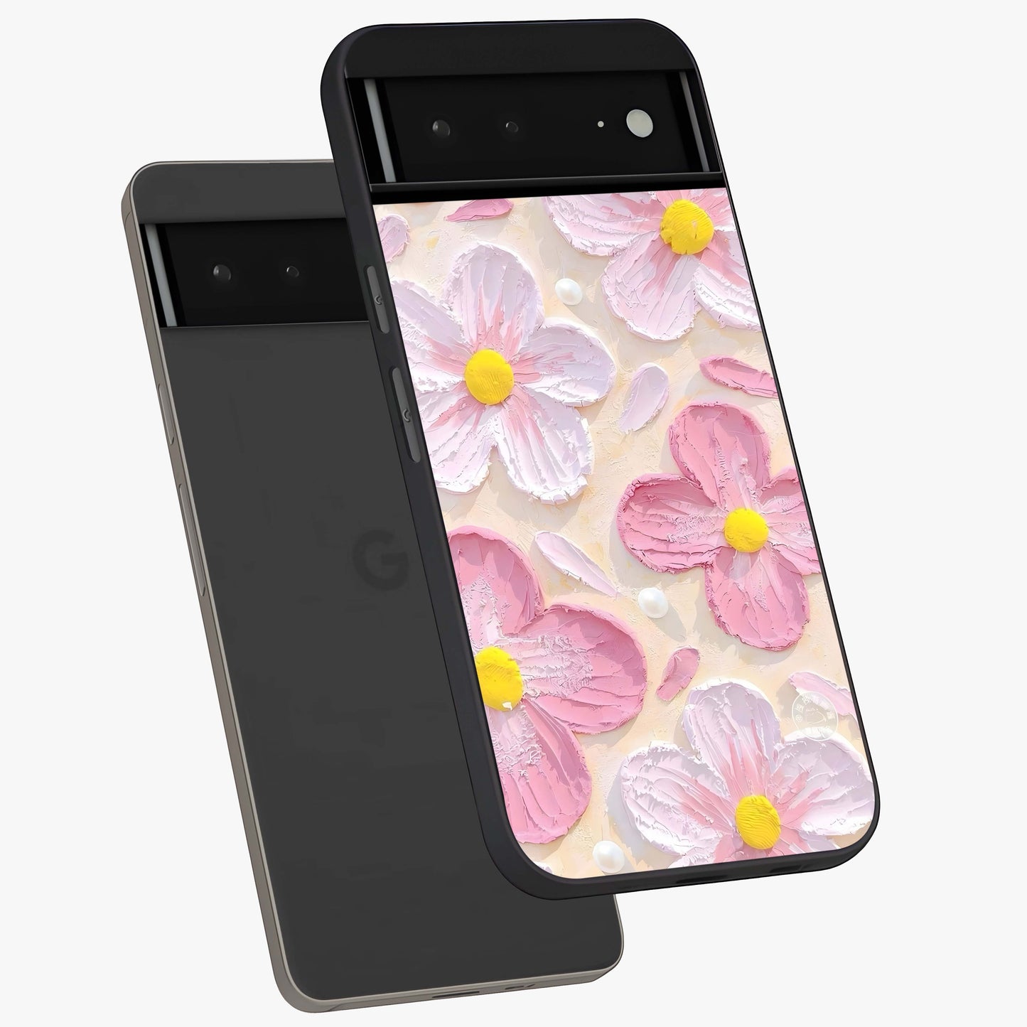 Blush Bloom Texture Glass Case displayed in angled mockup highlighting subtle bloom pattern with aesthetic pastel design.