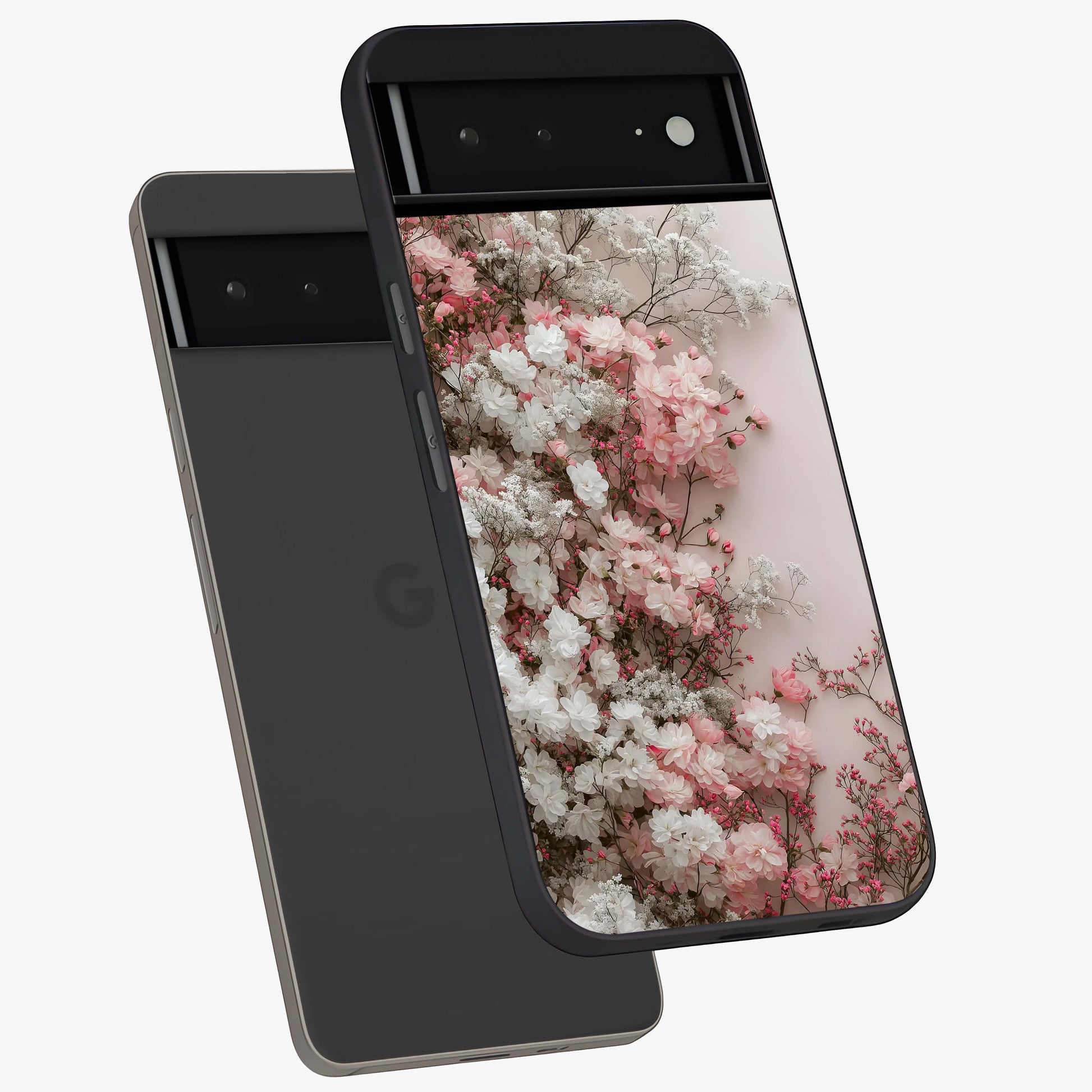 Blush Blossom Cloud Glass Case displayed in angled mockup highlighting soft cloud and blossom design with pastel aesthetic.