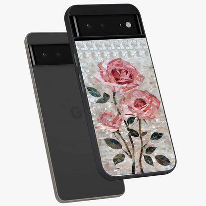 Blush Mosaic Bloom Glass Case displayed in angled mockup highlighting artistic mosaic flower pattern with aesthetic design.