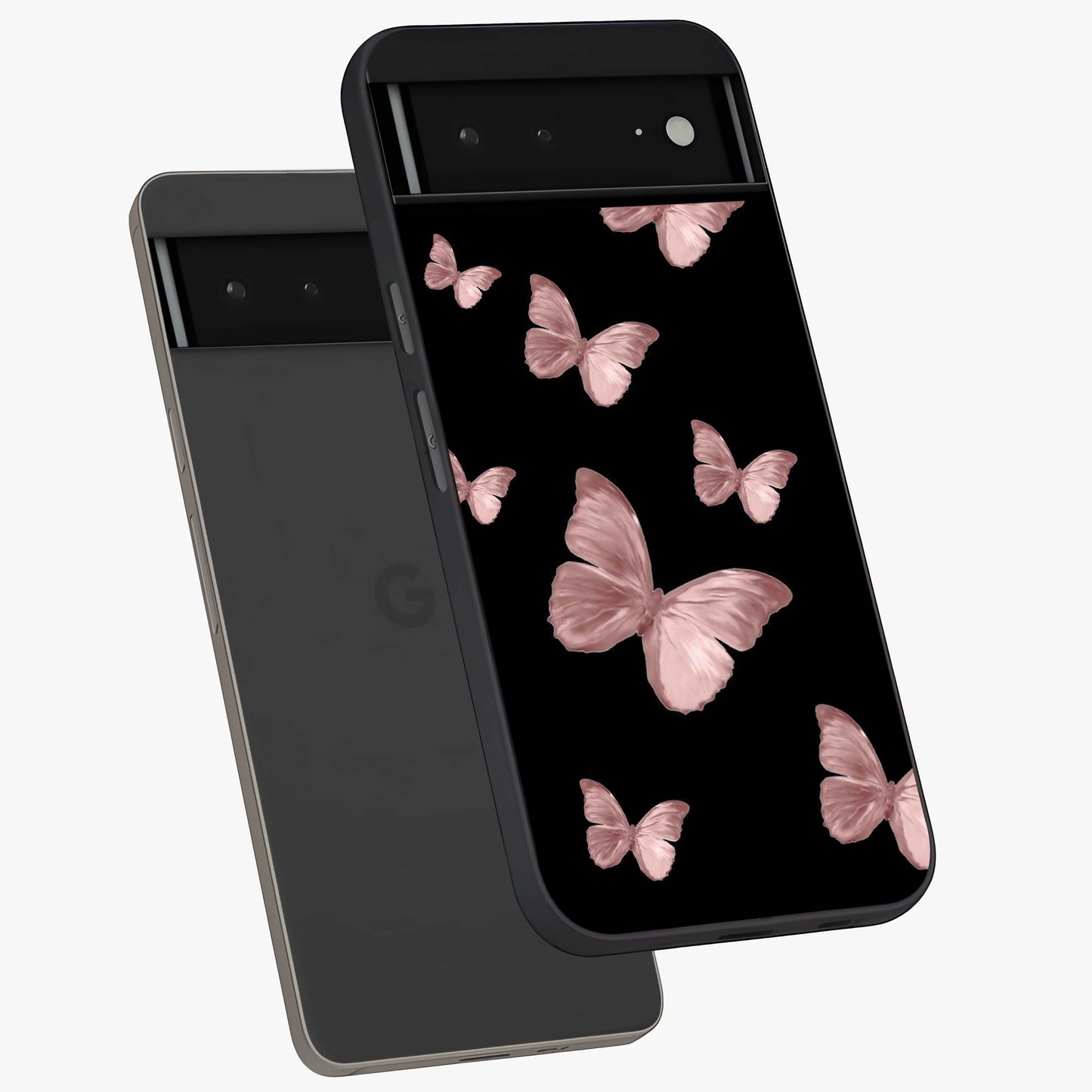 Butterfly Pattern Glass Case displayed in angled mockup highlighting delicate butterfly design and aesthetic pattern style.