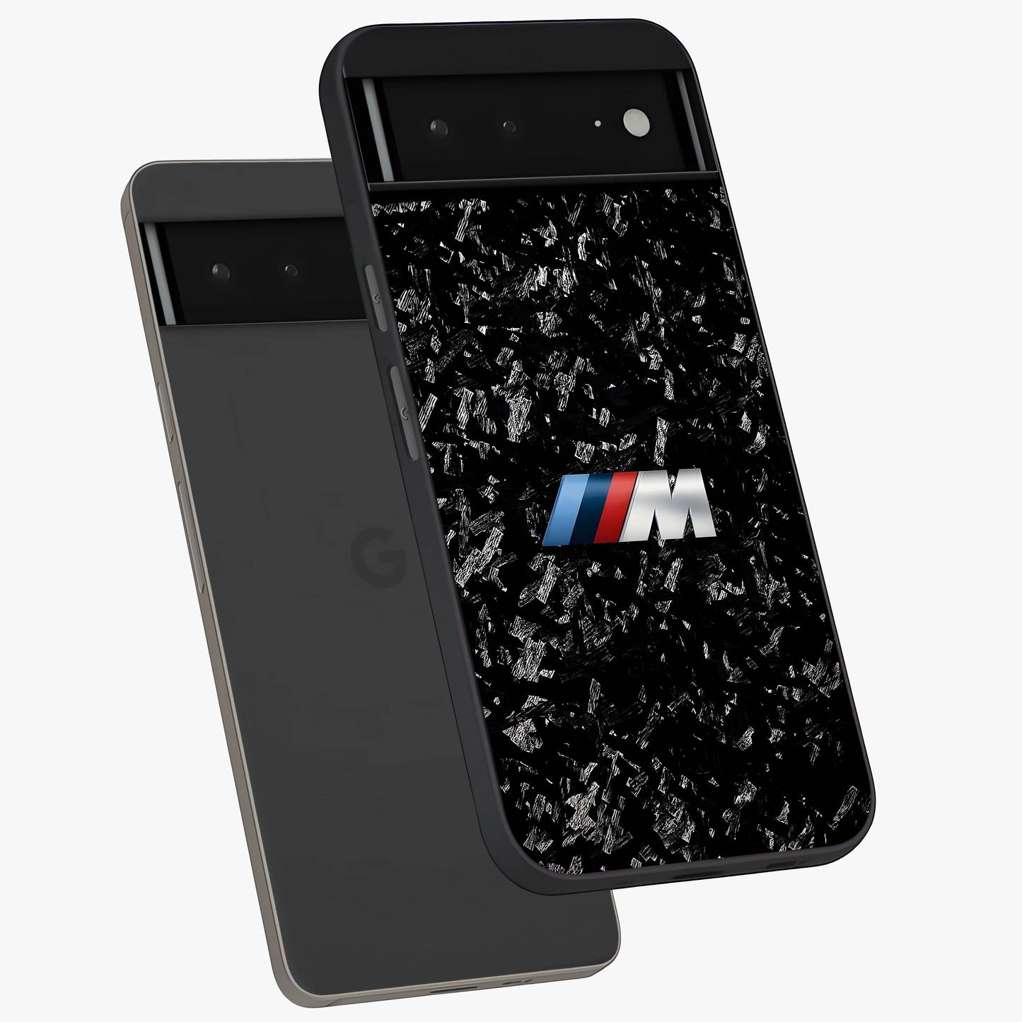 Carbon Speed Mark Glass Case displayed in angled mockup highlighting racing inspired carbon design and sleek aesthetic style.