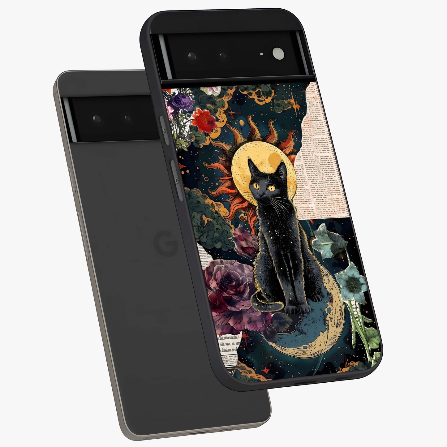 Celestial Black Cat Glass Case displayed in angled mockup highlighting cosmic black cat design with celestial aesthetic.
