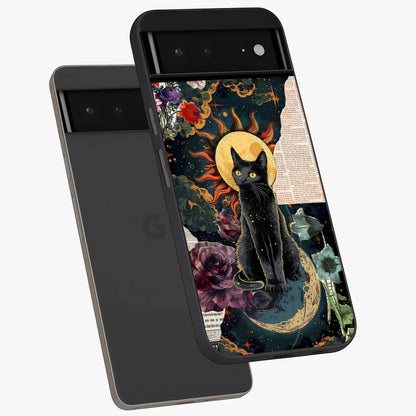 Celestial Black Cat Glass Case displayed in angled mockup highlighting cosmic black cat design with celestial aesthetic.