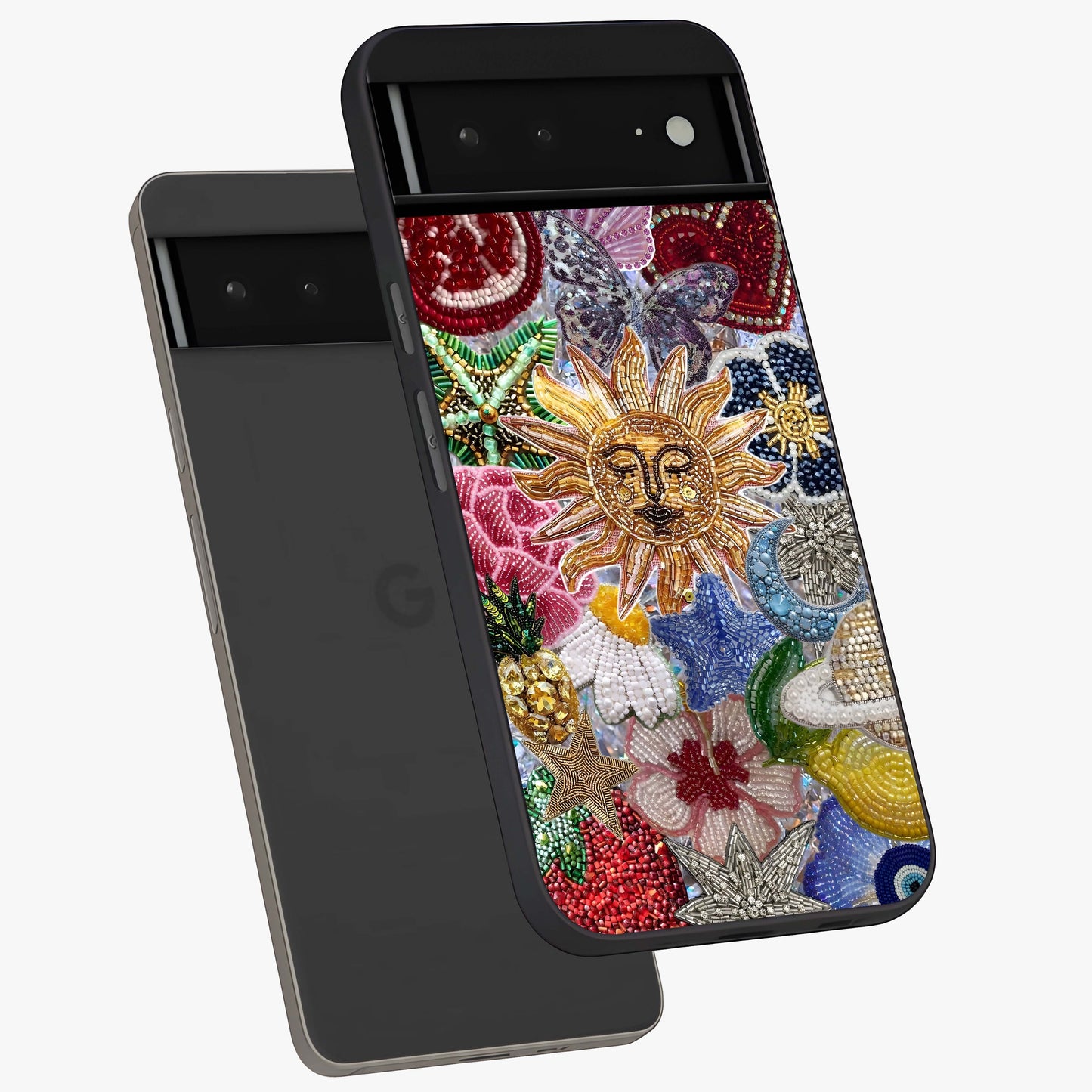 Celestial Floral and Playful Glass Case displayed in angled mockup highlighting playful floral design with dreamy celestial elements.