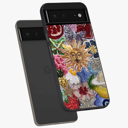 Celestial Floral and Playful Glass Case displayed in angled mockup highlighting playful floral design with dreamy celestial elements.