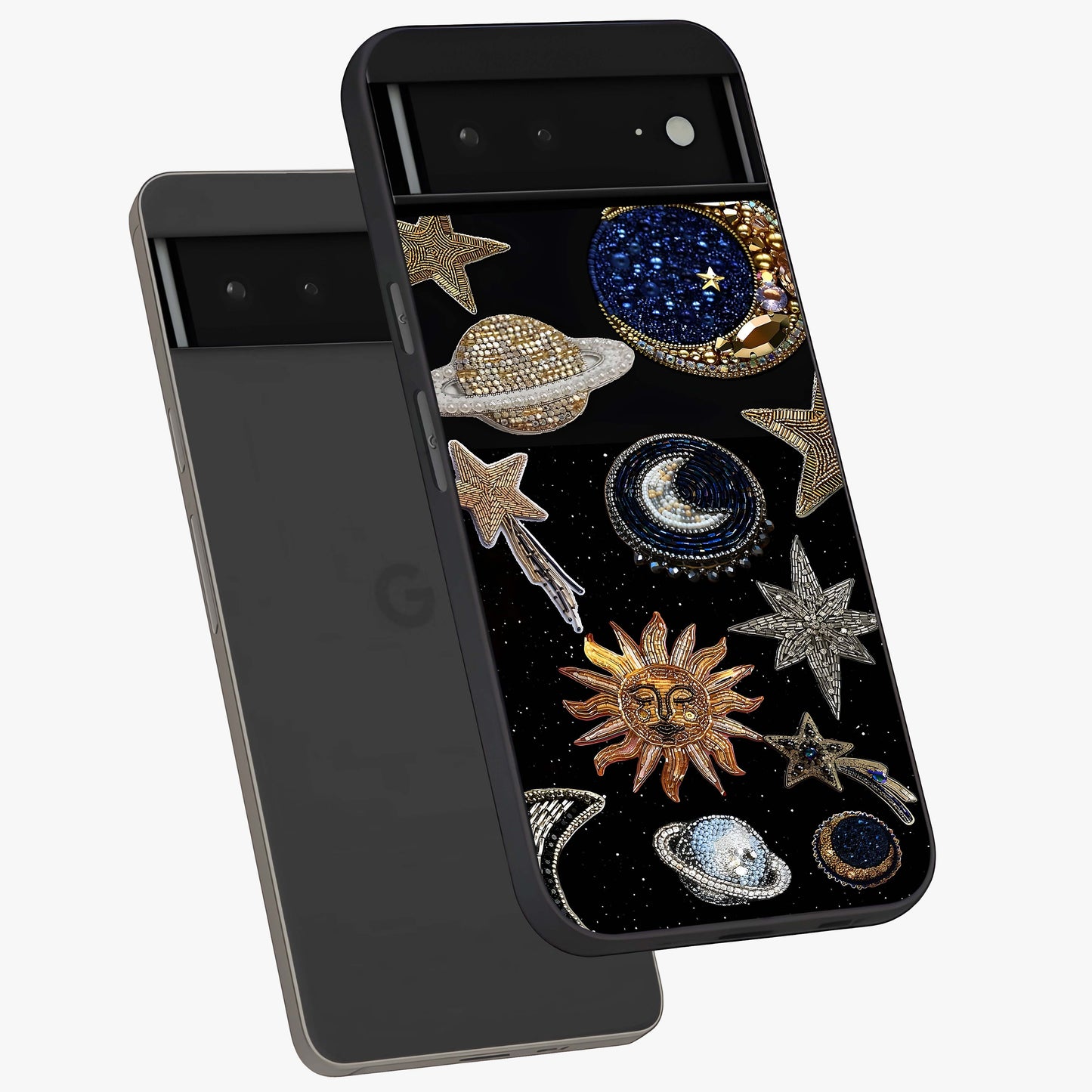 Celestial Gem Constellations Glass Case displayed in angled mockup highlighting gemstone inspired constellation design.