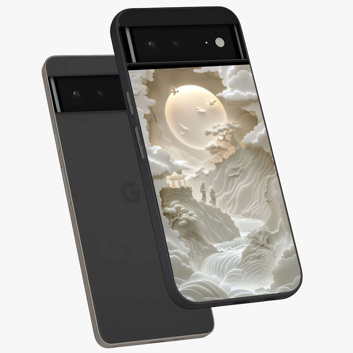 Celestial Origami Glass Case displayed in angled mockup highlighting geometric origami design with cosmic aesthetic theme.