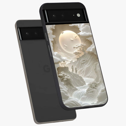 Celestial Origami Glass Case displayed in angled mockup highlighting geometric origami design with cosmic aesthetic theme.