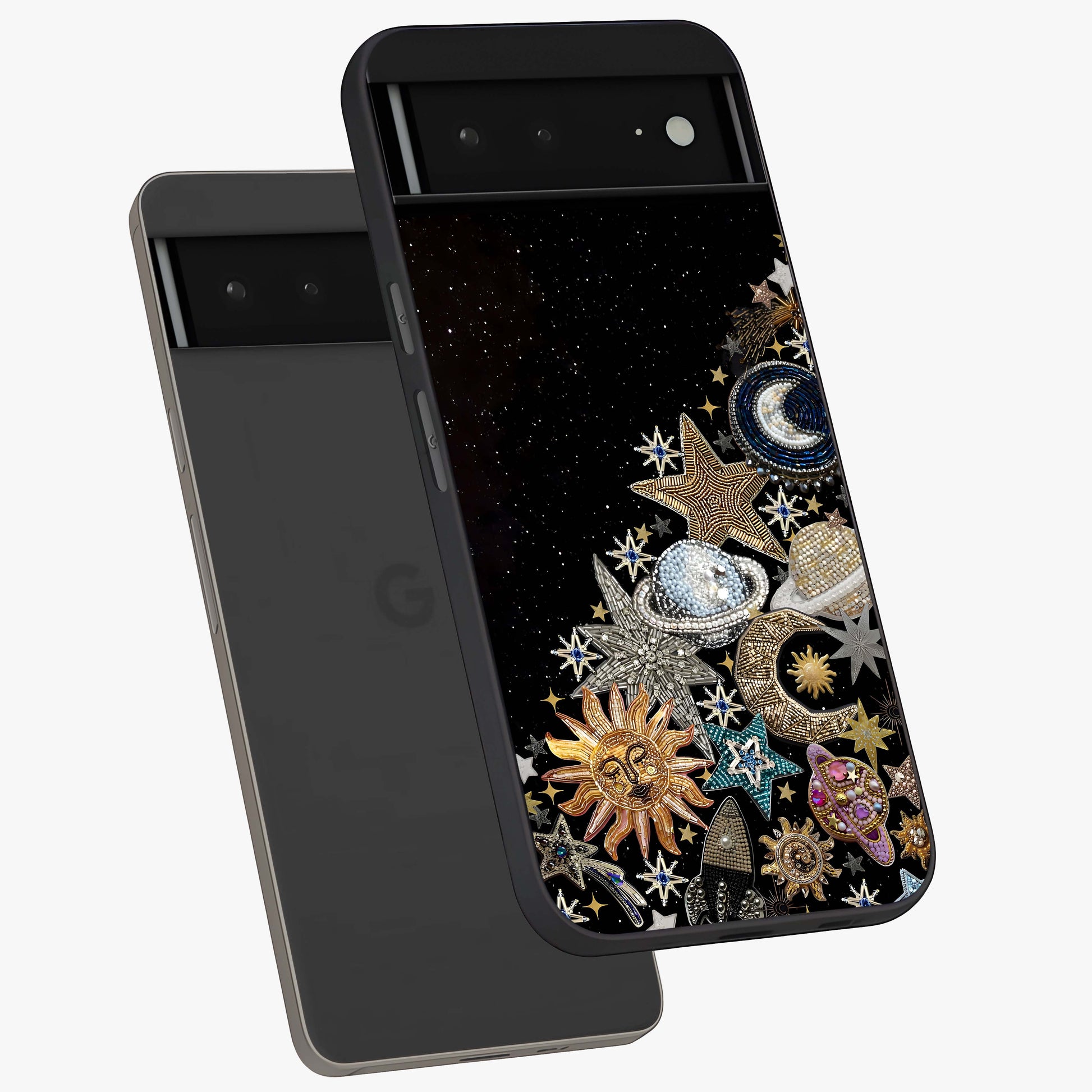Cosmic Sparkle Dreams Glass Case displayed in angled mockup highlighting dreamy star sparkle design with celestial aesthetic.
