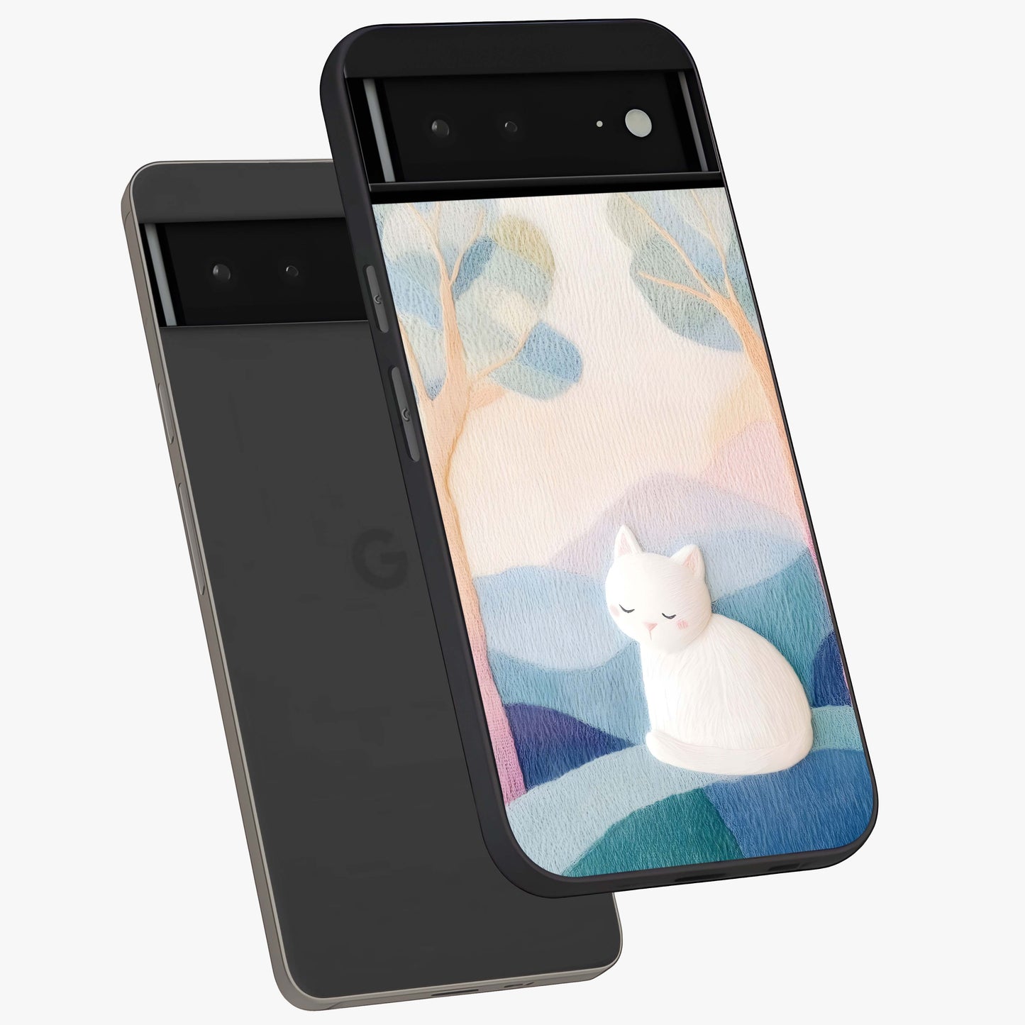 Cotton Dream Cat Glass Case displayed in angled mockup highlighting cute feline illustration with pastel aesthetic style.