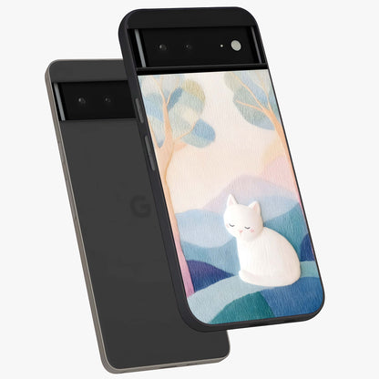 Cotton Dream Cat Glass Case displayed in angled mockup highlighting cute feline illustration with pastel aesthetic style.