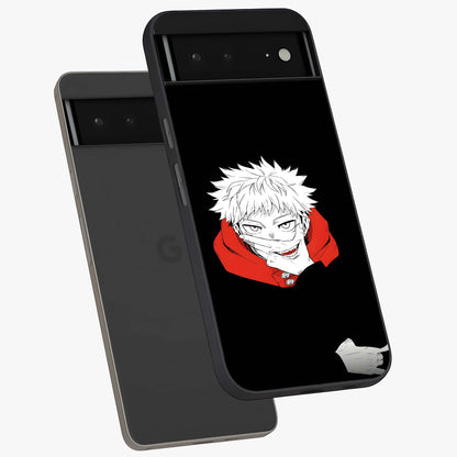 Crimson Chaos Smile Glass Case displayed in angled mockup highlighting edgy crimson smile design with graphic aesthetic.
