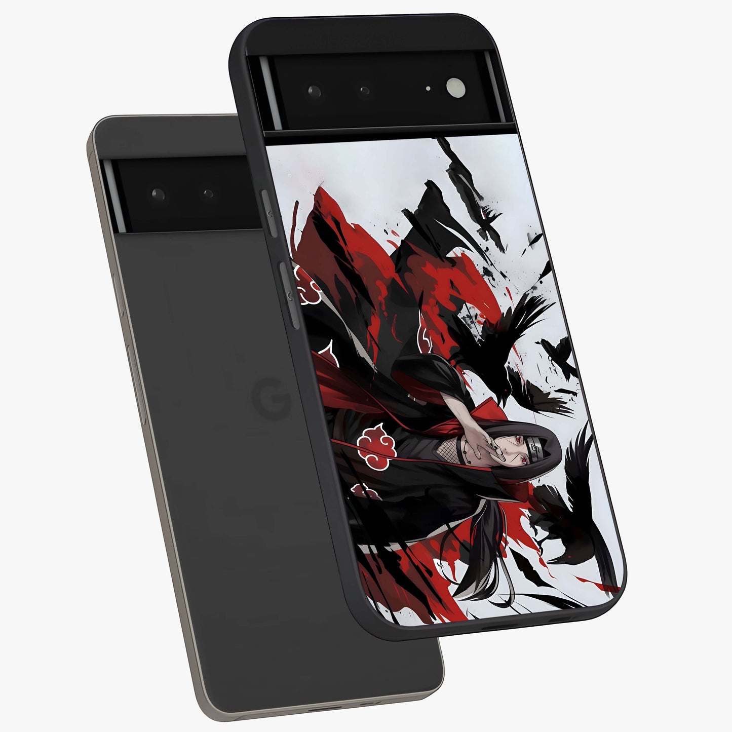 Crimson Crow Illusion Glass Case displayed in angled mockup highlighting mysterious crow graphic with dark aesthetic style.