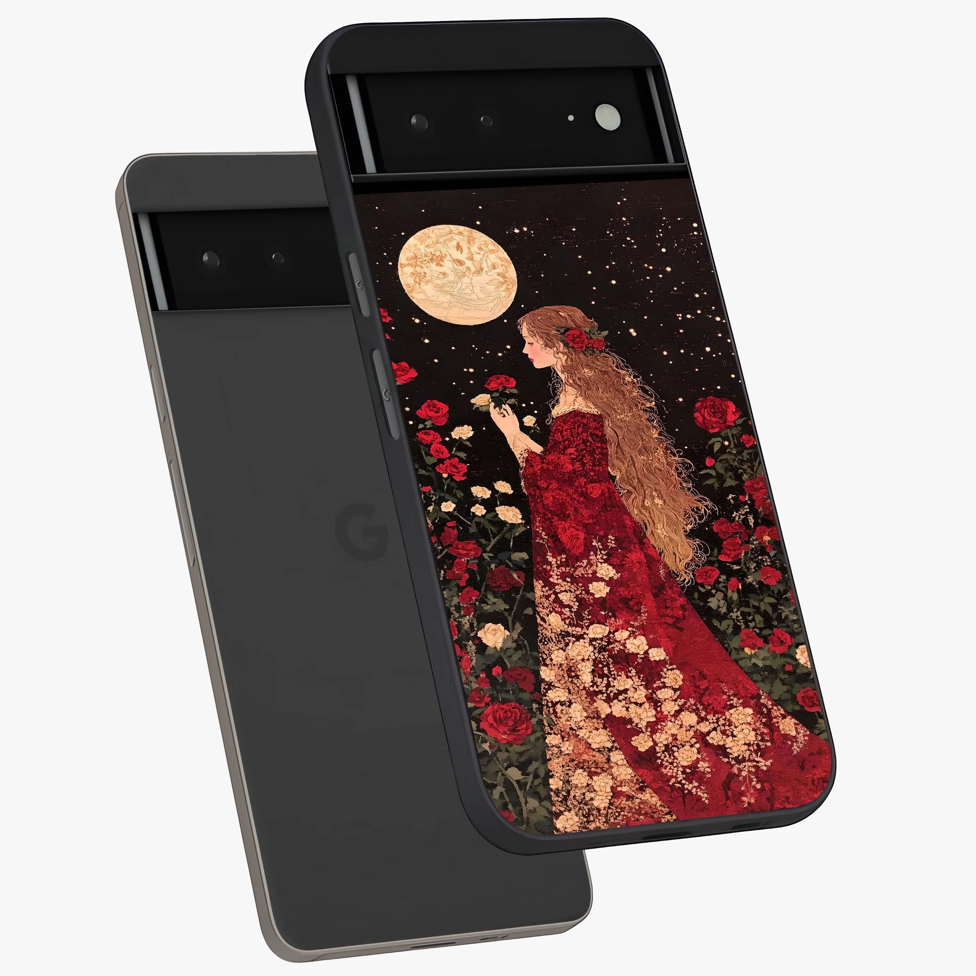 Crimson Dreams Glass Case displayed in angled mockup highlighting soft crimson aesthetic design with artistic theme.
