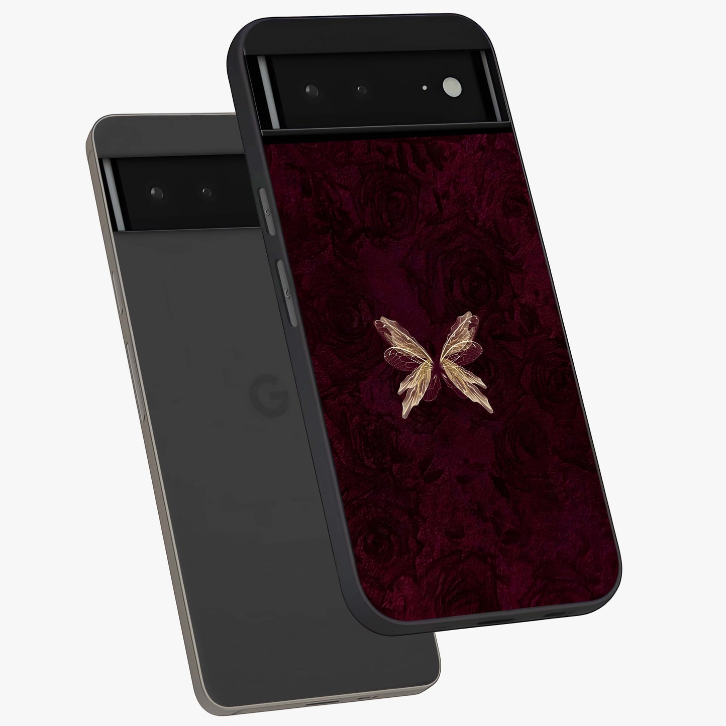 Crimson Fade Butterfly Glass Case displayed in angled mockup highlighting elegant butterfly design with crimson gradient aesthetic.