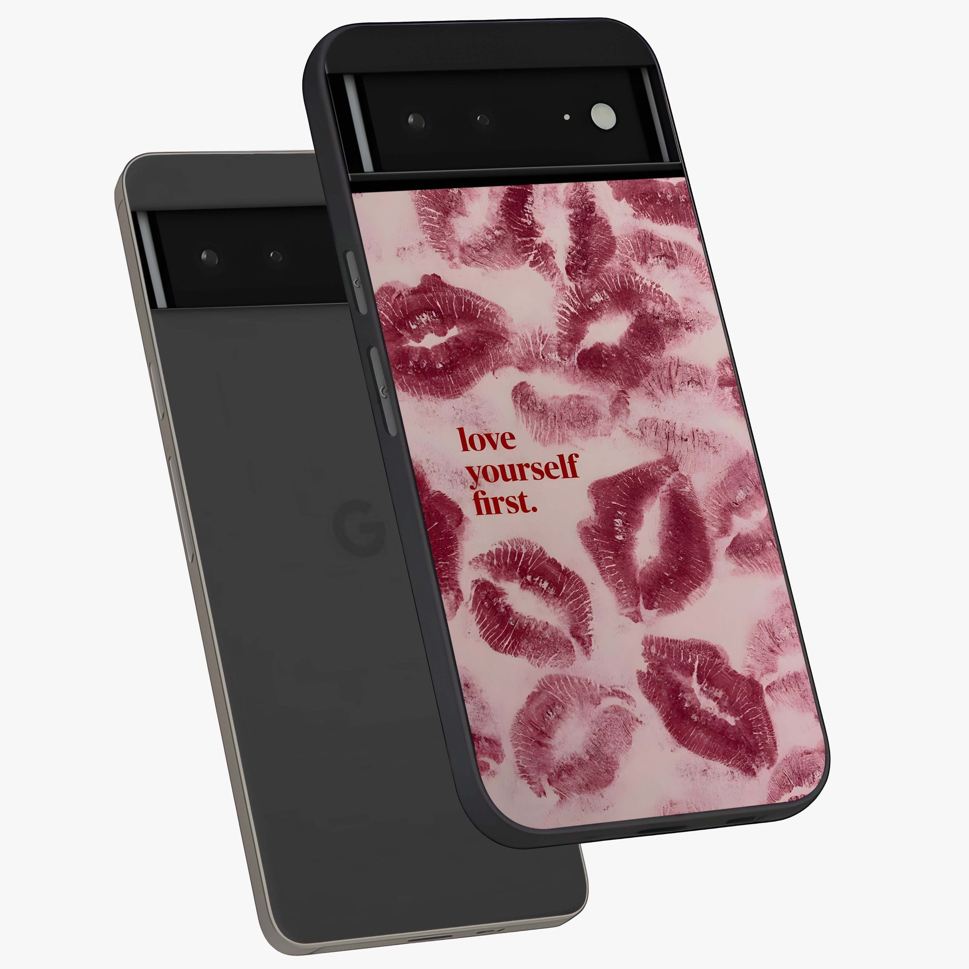 Crimson Kiss Love Glass Case displayed in angled mockup highlighting bold love inspired design with modern aesthetic style.