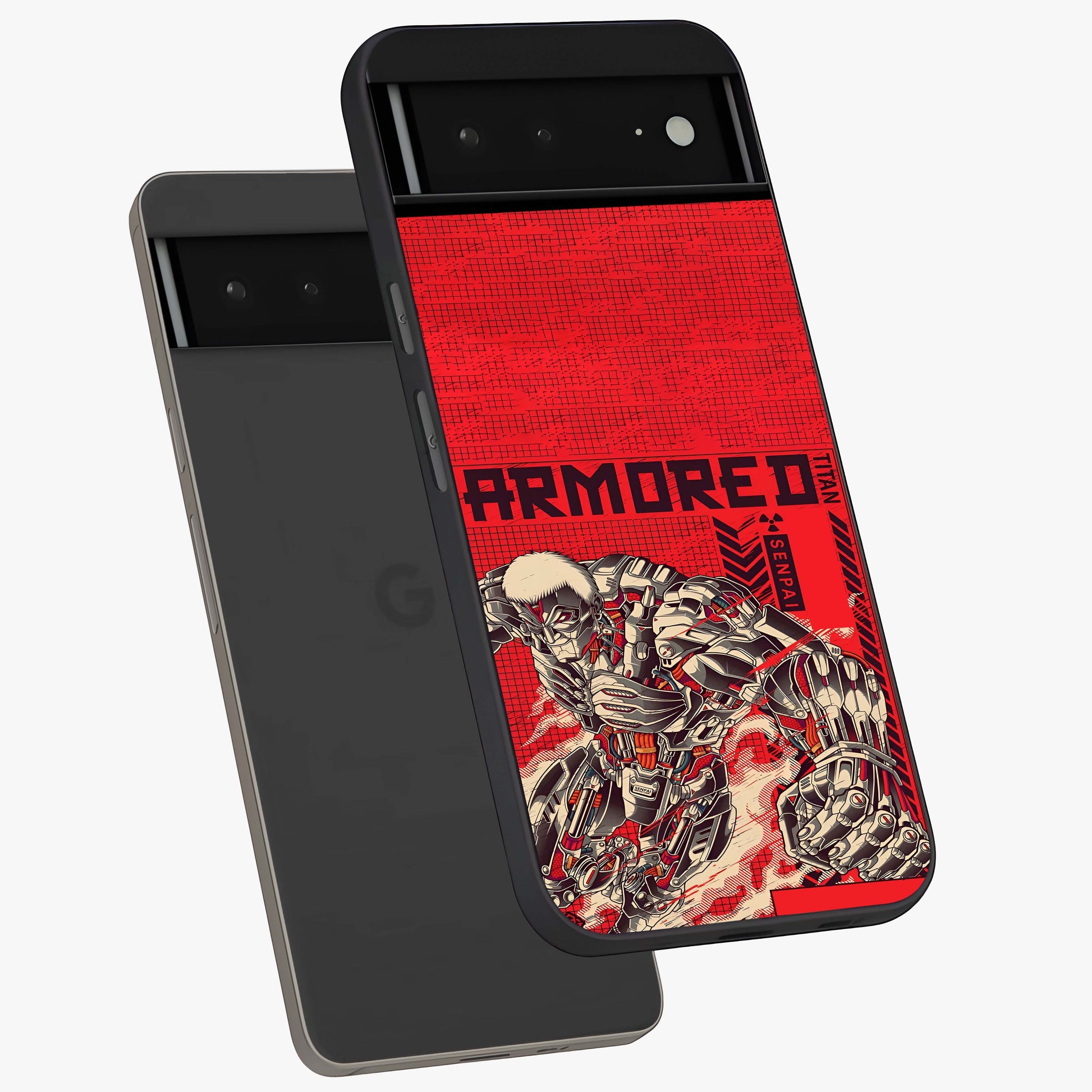 Crimson Mecha Titan Glass Case displayed in angled mockup highlighting futuristic mech illustration with bold crimson aesthetic.