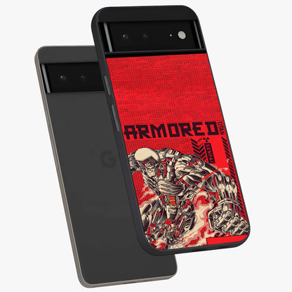 Crimson Mecha Titan Glass Case displayed in angled mockup highlighting futuristic mech illustration with bold crimson aesthetic.