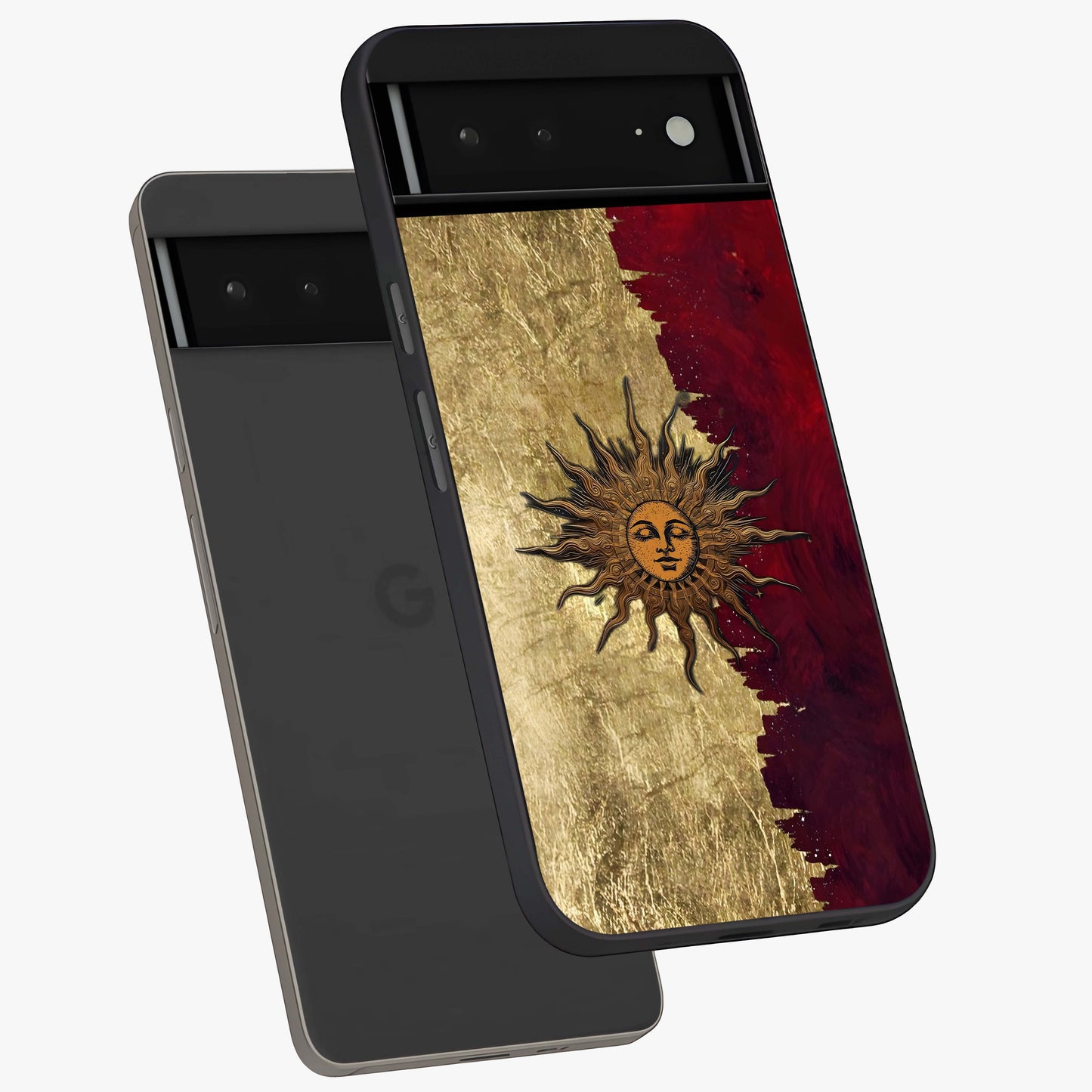 Crimson Sun Majesty Glass Case displayed in angled mockup highlighting majestic crimson sun design with bold aesthetic style.