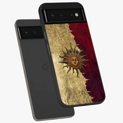 Crimson Sun Majesty Glass Case displayed in angled mockup highlighting majestic crimson sun design with bold aesthetic style.