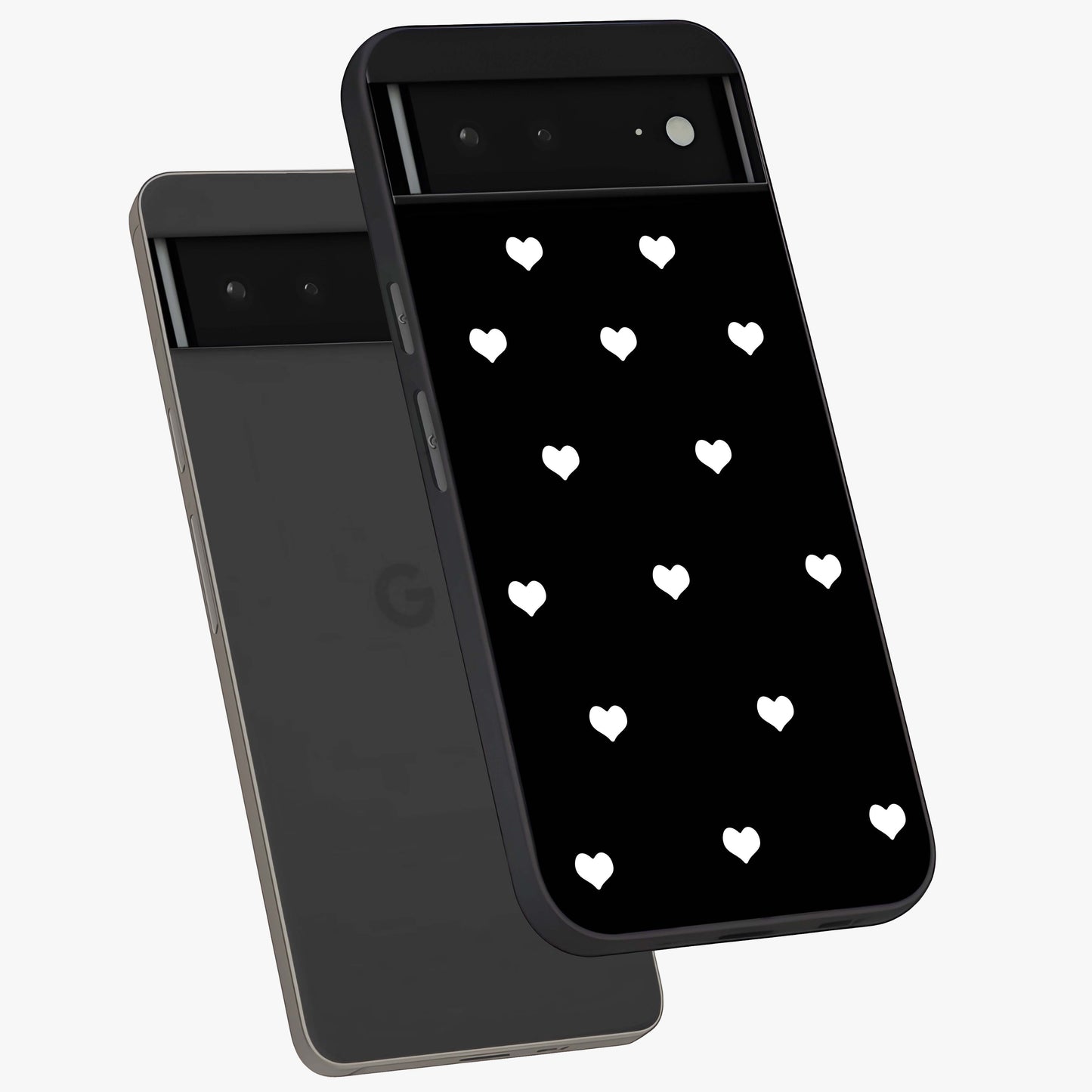 Cute And Simple White Hearts Glass Case displayed in angled mockup highlighting cute heart design with clean aesthetic style.