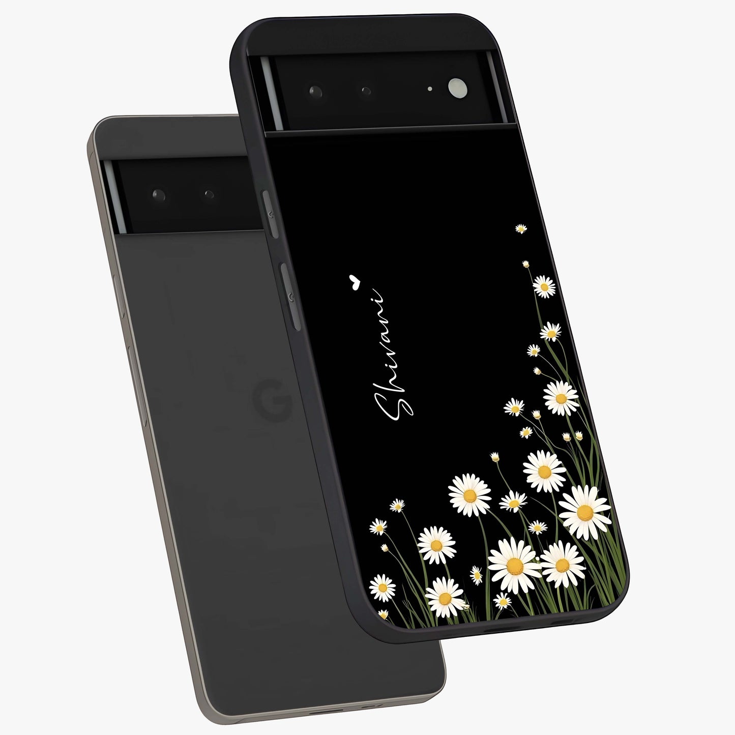 Daisy Cascade Custom Name Glass Case displayed in angled mockup highlighting delicate daisy artwork with custom name feature.