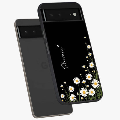 Daisy Cascade Custom Name Glass Case displayed in angled mockup highlighting delicate daisy artwork with custom name feature.