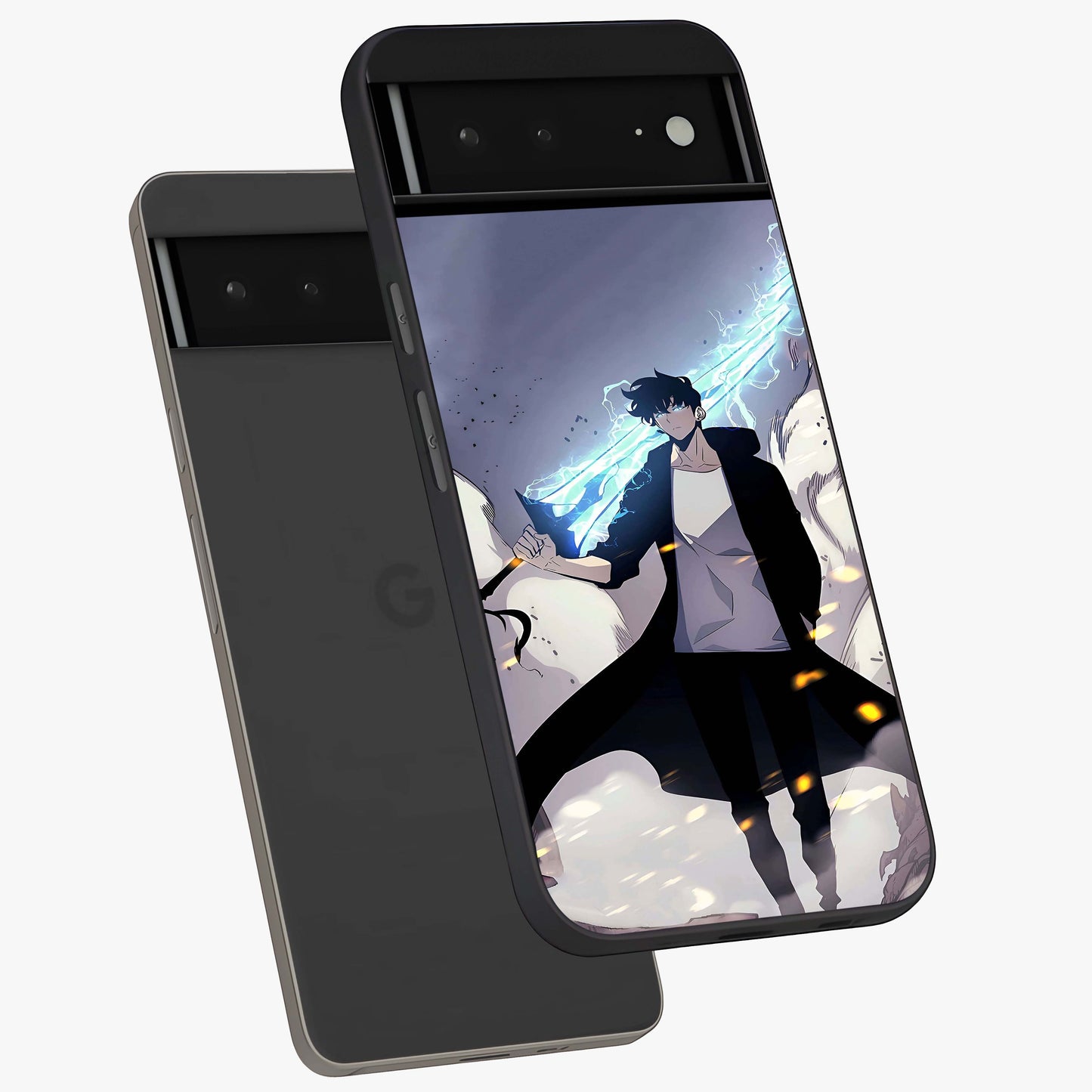 Dark Lightning Anime Warrior Glass Case displayed in angled mockup highlighting powerful lightning themed anime illustration.