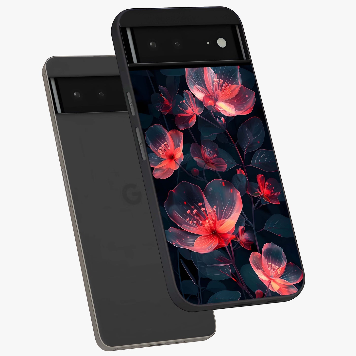 Dark Shade of Flower Glass Case displayed in angled mockup highlighting moody floral illustration with aesthetic dark tones.