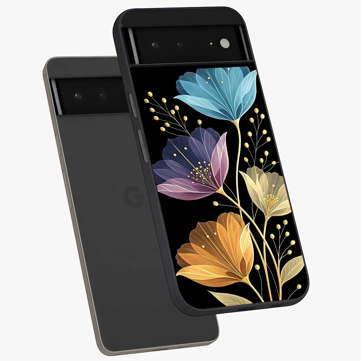Delicate Multicolor Flowers Glass Case displayed in angled mockup highlighting colorful flower pattern with soft aesthetic style.