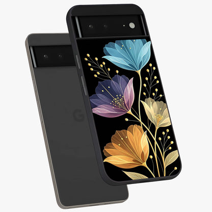 Delicate Multicolor Flowers Glass Case displayed in angled mockup highlighting colorful flower pattern with soft aesthetic style.