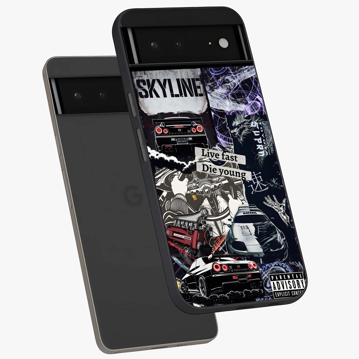Die Young Glass Case displayed in angled mockup highlighting expressive graphic artwork with edgy aesthetic style.