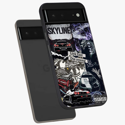 Die Young Glass Case displayed in angled mockup highlighting expressive graphic artwork with edgy aesthetic style.