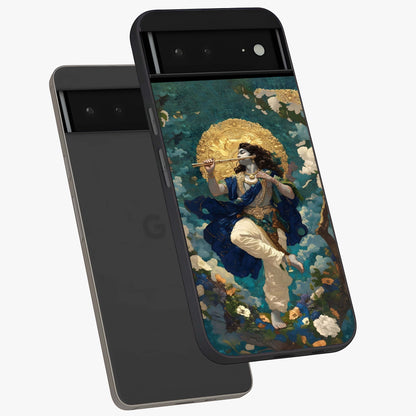 Divine Krishna Art Glass Case displayed in angled mockup highlighting spiritual Krishna illustration with devotional aesthetic.